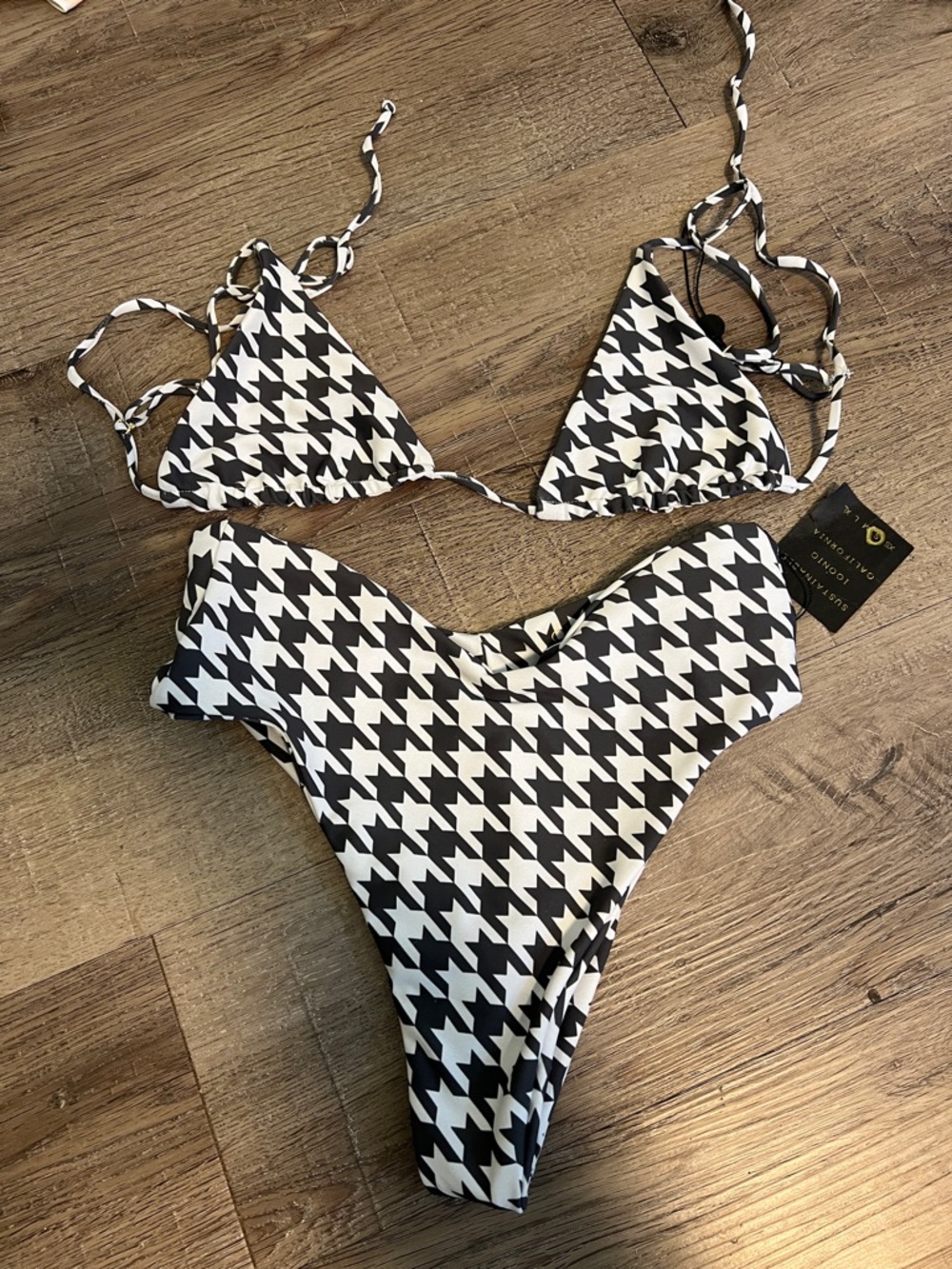 SKATIE DARK GREY & White Houndstooth Triangle Bikini Set